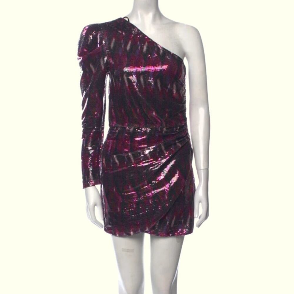 MISA Los Angeles Pink Purple Metallic One Shoulder Ruched Mini Dress